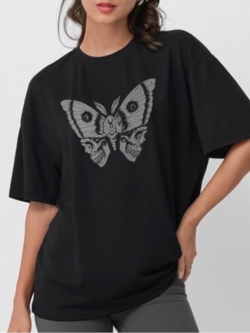 Trendy Queen Moth Graphic T-Shirt with Skulls Black Gray NWT